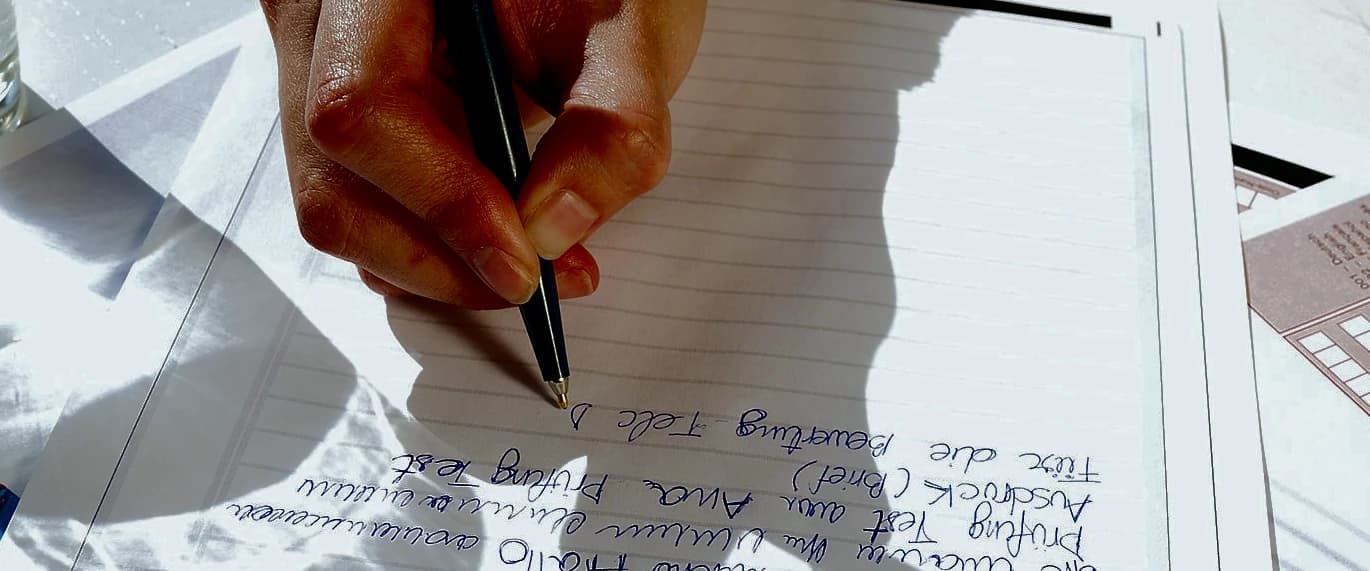 Eine Hand schreibt die Briefaufgabe der telc-Prüfung Deutsch B2