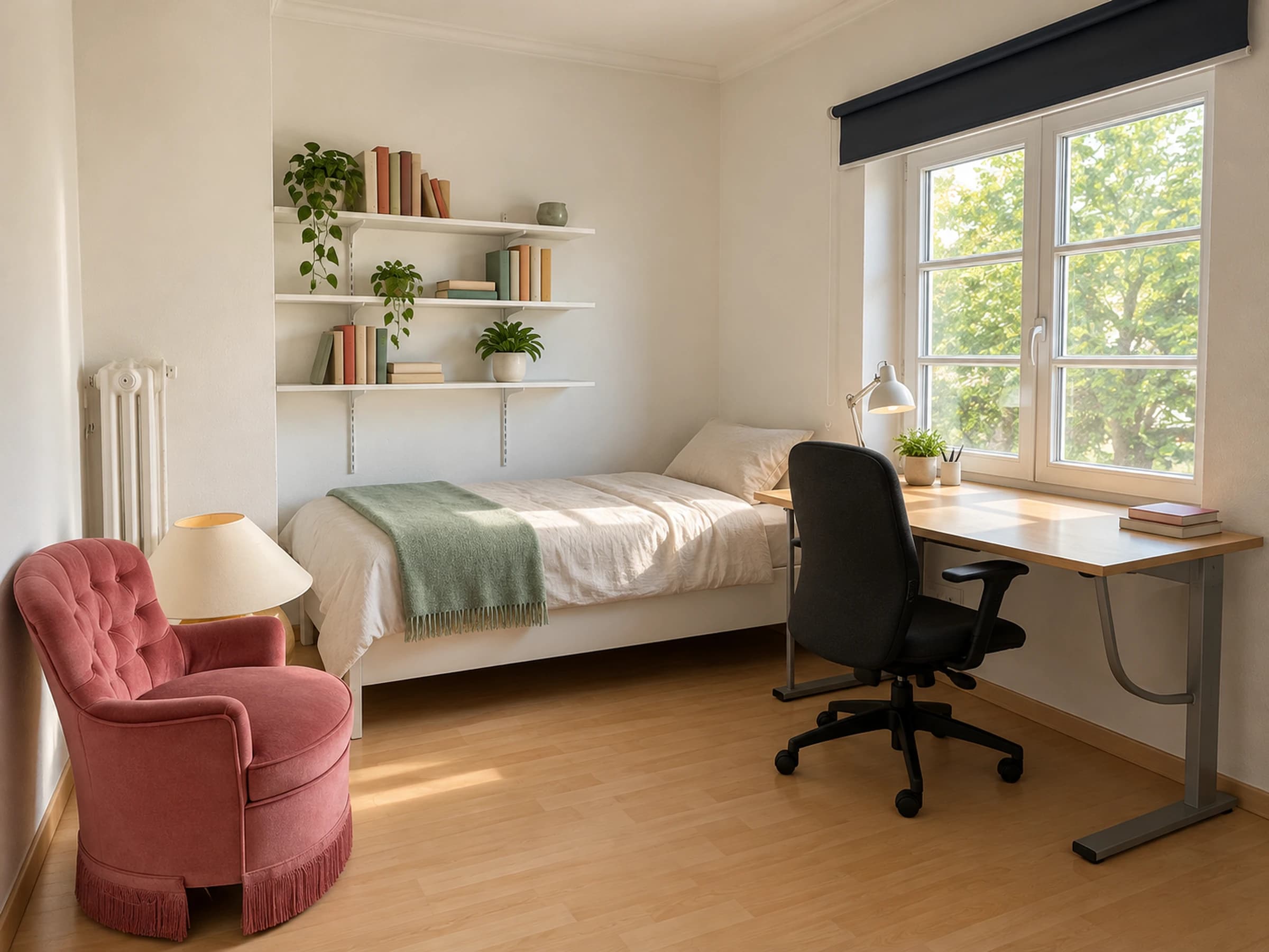 KI-generiertes Beispielbild: Ein Gästezimmer mit Einzelbett, Schreibtisch am Fenster und rosa Sessel